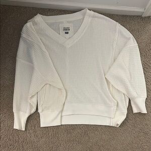 Oversized “lived-in” White V-Neck Waffle Knit Sweater